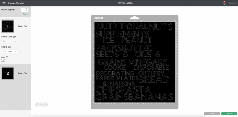 pantry labels made in Cricut design space ready to be cut