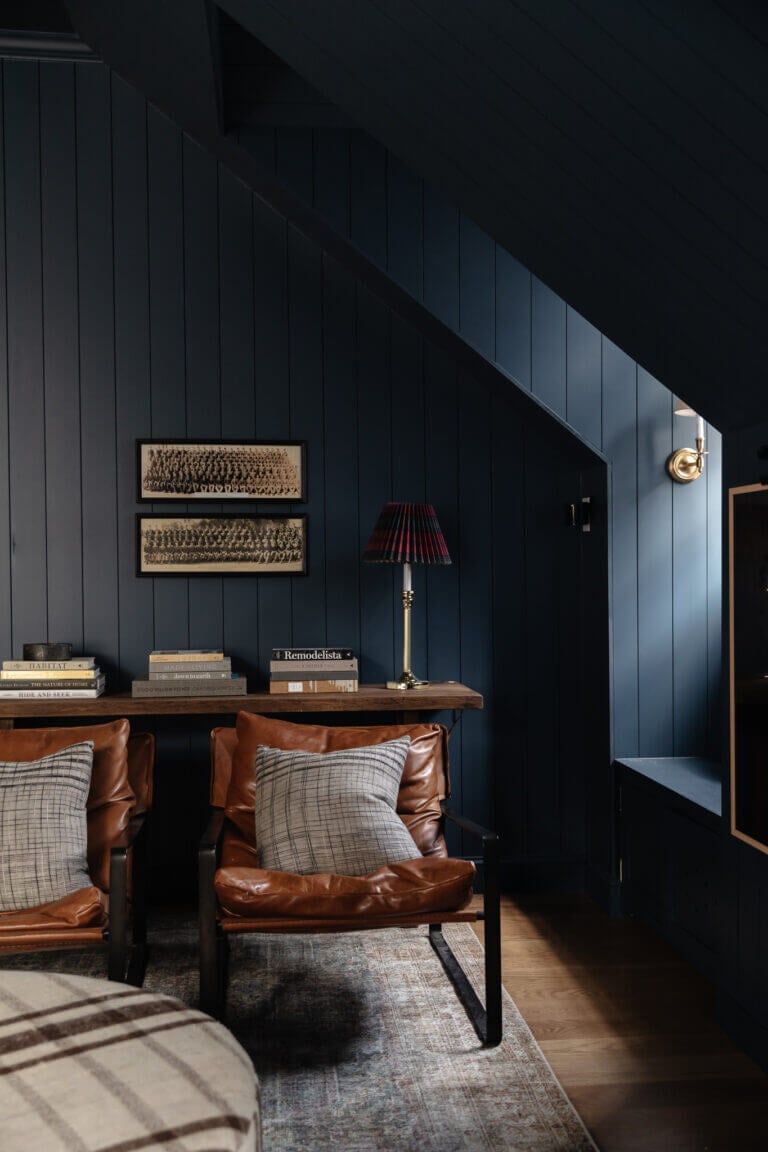 navy shiplap accent walls in living space