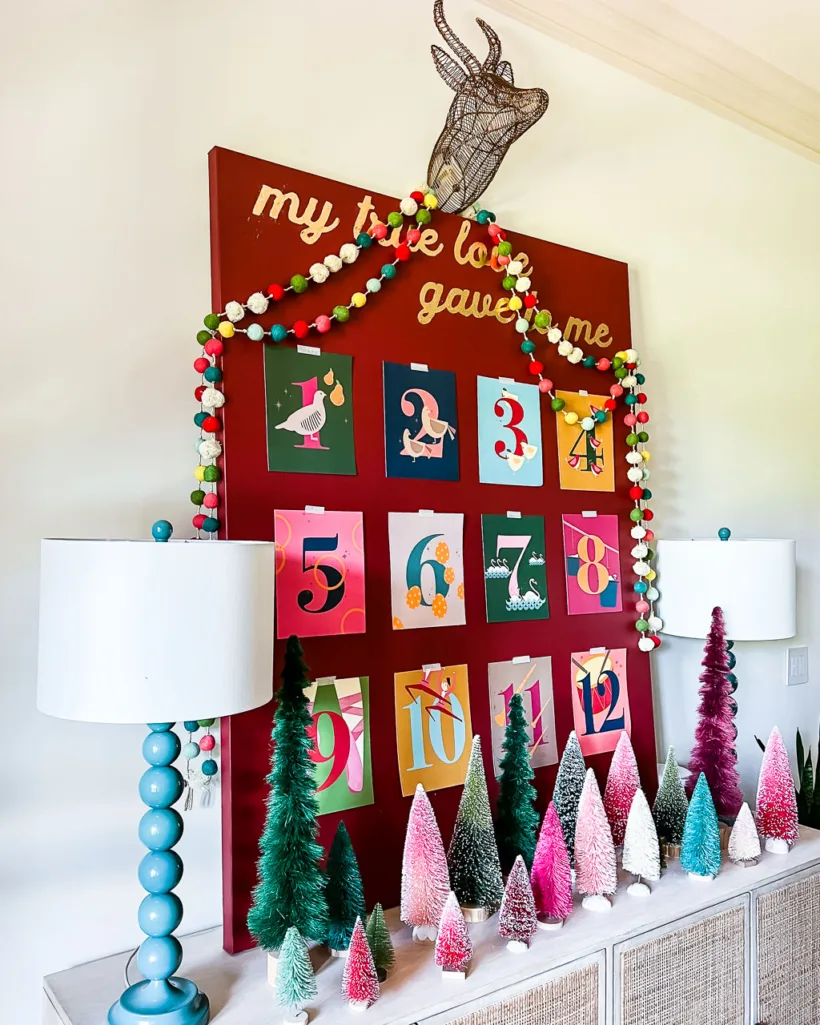 DIY Christmas Art display featuring 12 days of Christmas art prints by Tasha Agruso of Kaleidoscope Living