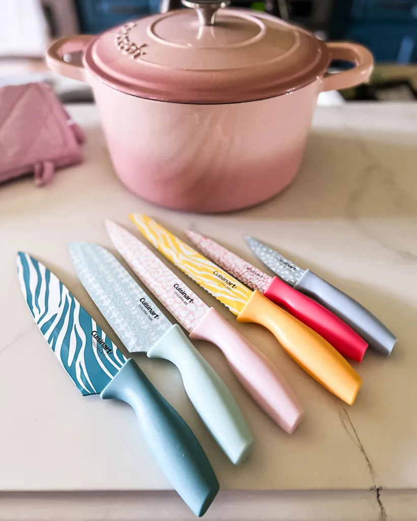 Wayfair kitchen essentials- affordable pink Dutch oven and colorful ceramic knives photo by Tasha Agruso of Kaleidoscope Living