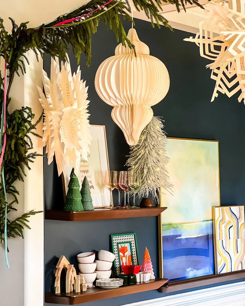 decorating dining room for Christmas with paper lanterns by Tasha Agruso of Kaleidoscope Living