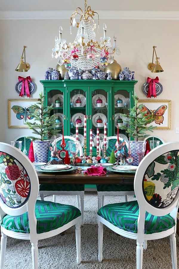 colorful dining room decorated for Christmas