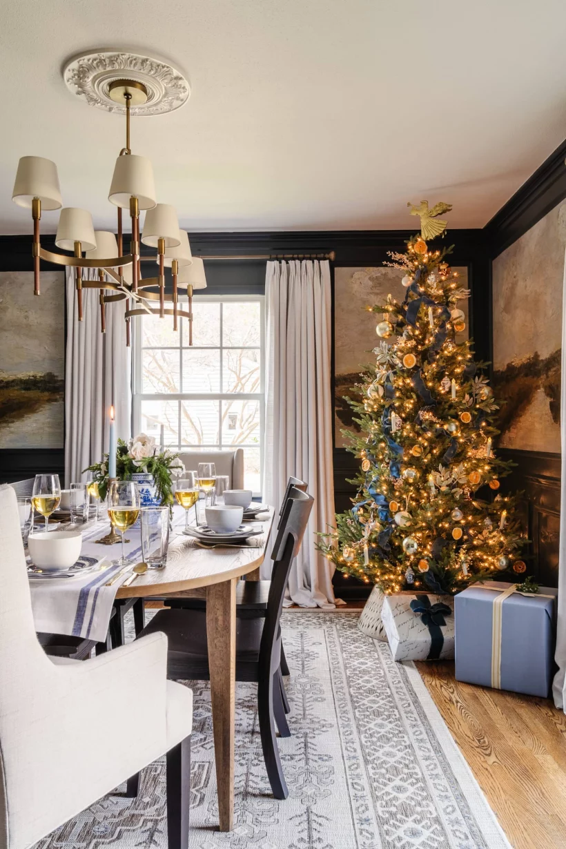 dining room decorated for Christmas with Christmas tree