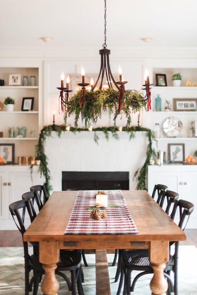 dining room Chandelier decorated for Christmas