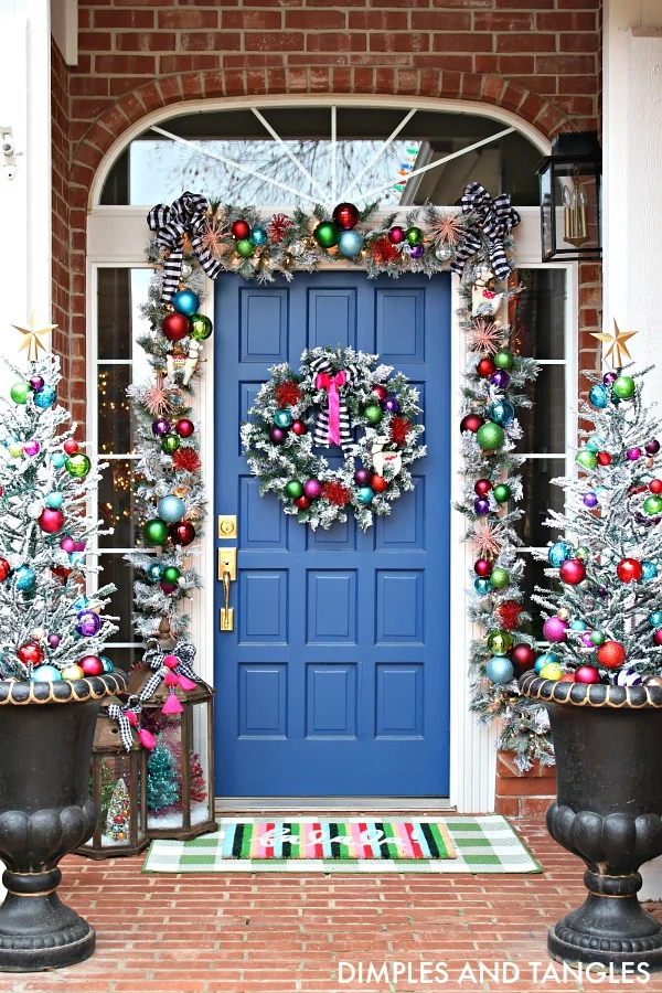 colorful front porch Christmas decorations by Jennifer of Dimples & Tangles