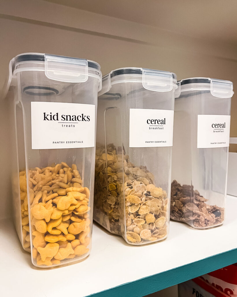 pantry labels on clear bins for cereal and snacks