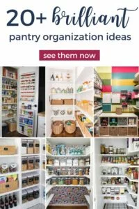 collage image of multiple pantries showcasing pantry organizing ideas