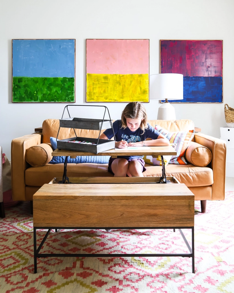 unique coffee table in bonus room of Tasha Agruso from Kaleidoscope Living