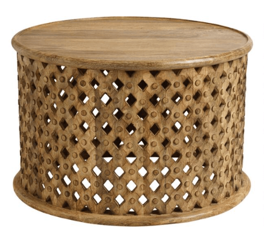 World Market round carved lattice coffee table