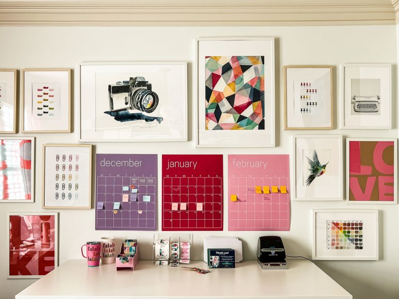 colorful monthly wall calendar displayed 3 at a time in gallery wall by  Tasha Agruso of Kaleidoscope Living