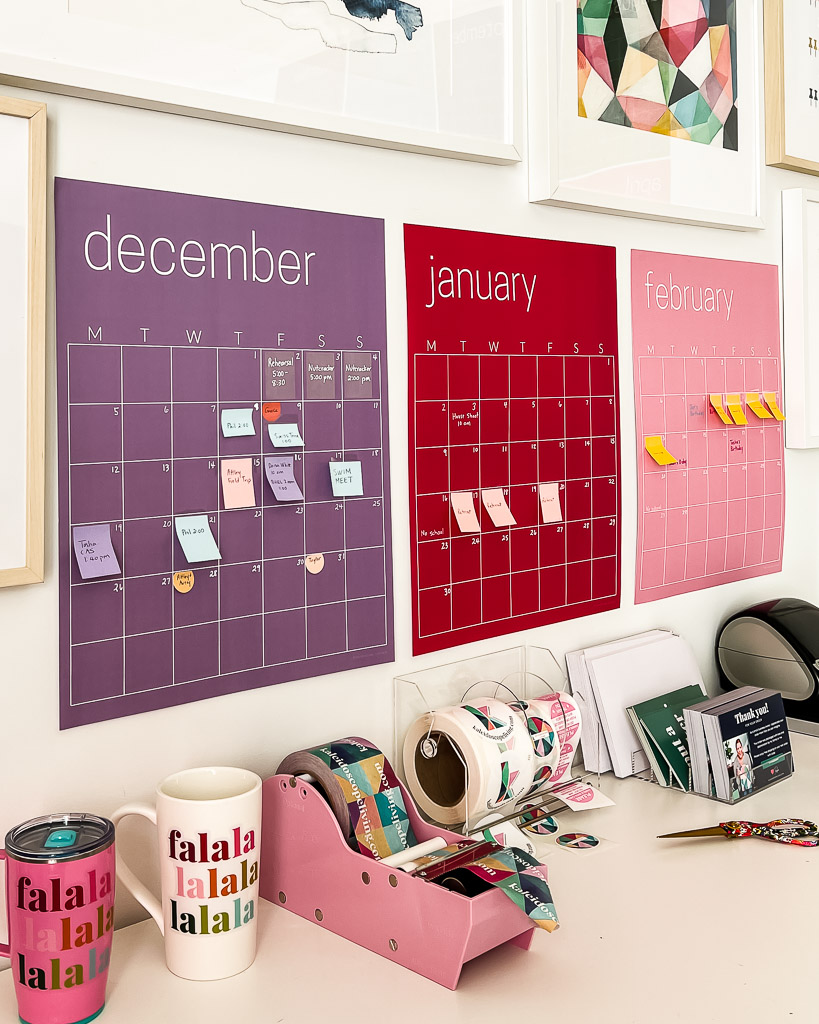 colorful monthly wall calendar in use with sticky notes by Tasha Agruso of Kaleidoscope Living