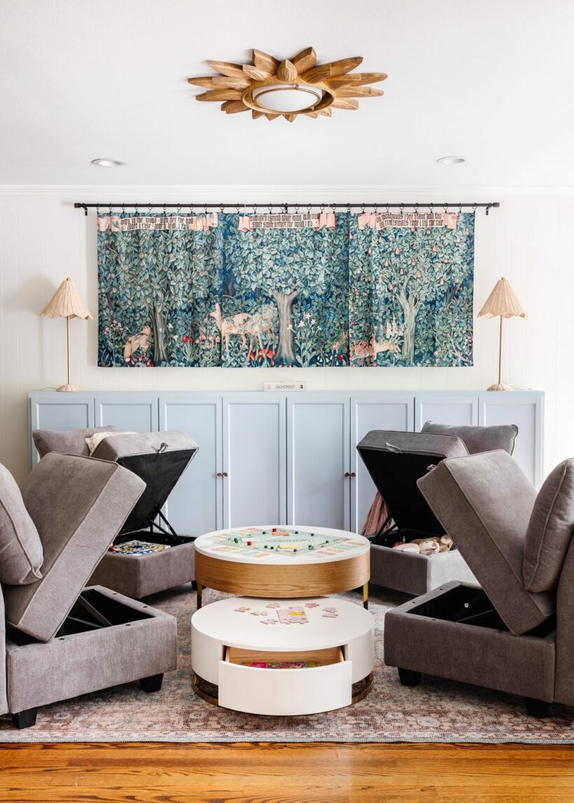 storage chairs and coffee table in kid's playroom