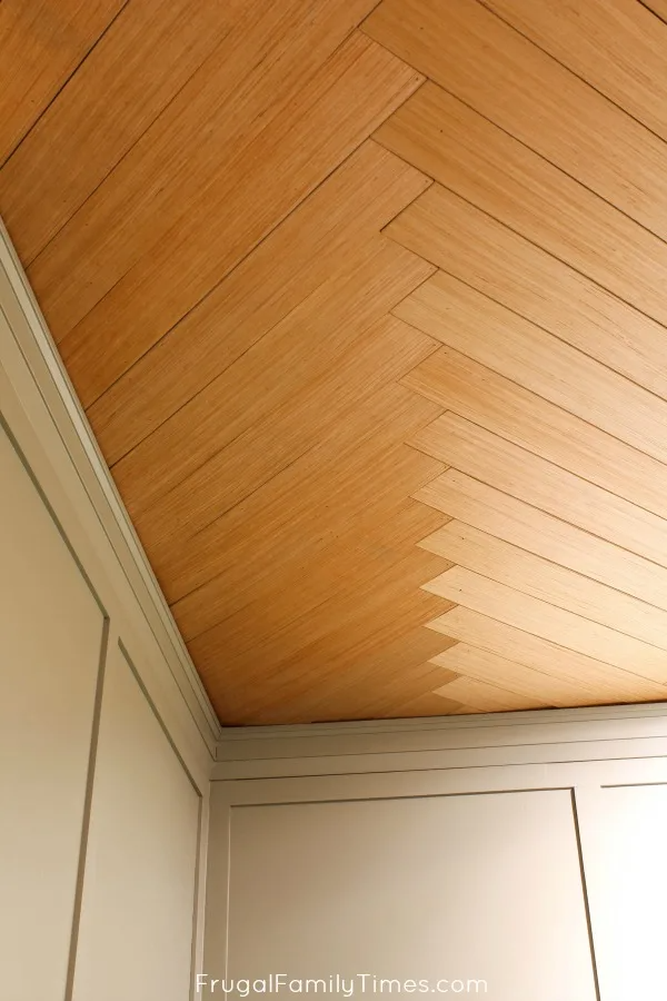 diy herringbone plywood ceiling in basement