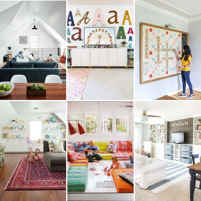 family bonus room ideas collage by Tasha Agruso of Kaleidoscope Living