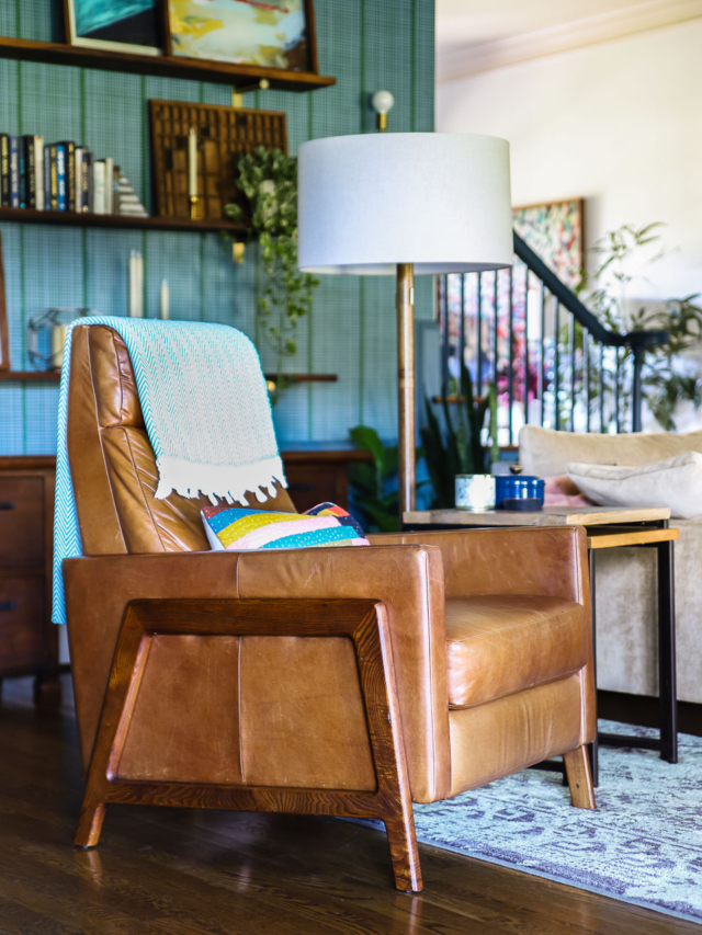 West Elm Spencer recliner review- photo of leather recliner in family room of Tasha Agruso of Kaleidoscope Living