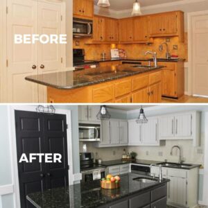 before and after of kitchen with DIY painted kitchen cabinets by Tasha Agruso of Kaleidoscope Living