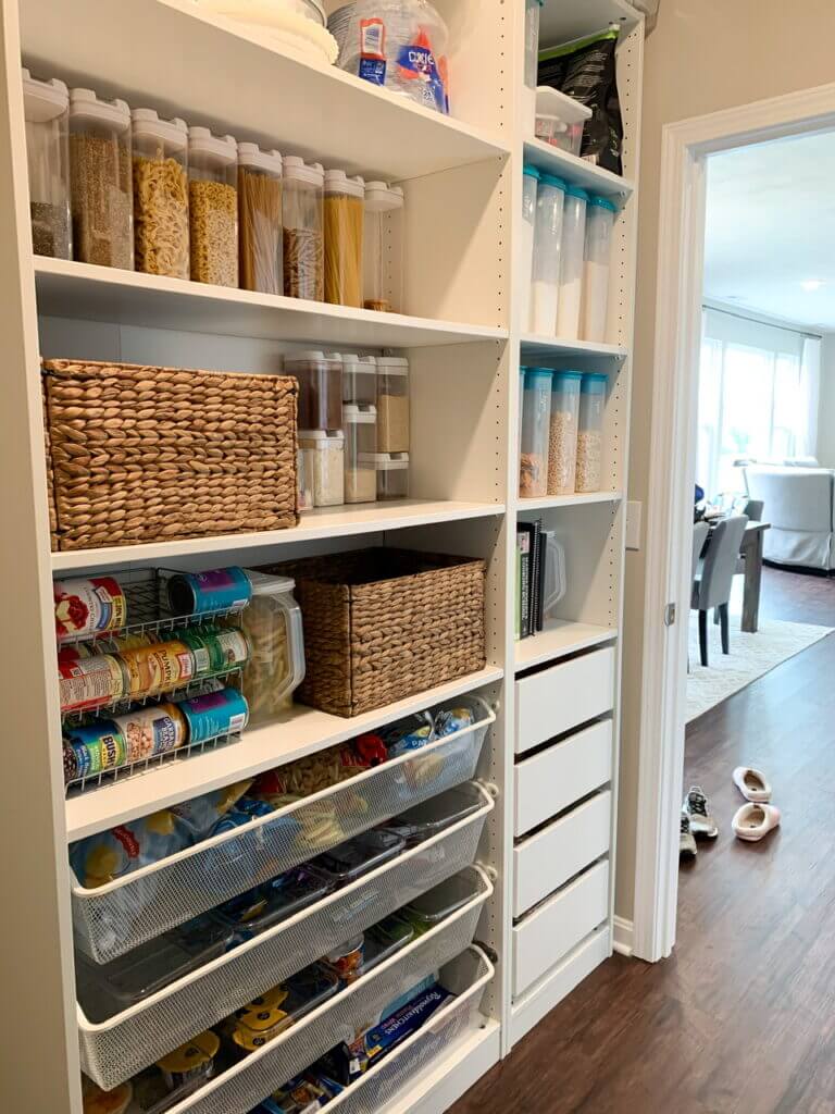 wood shelving system in pantry