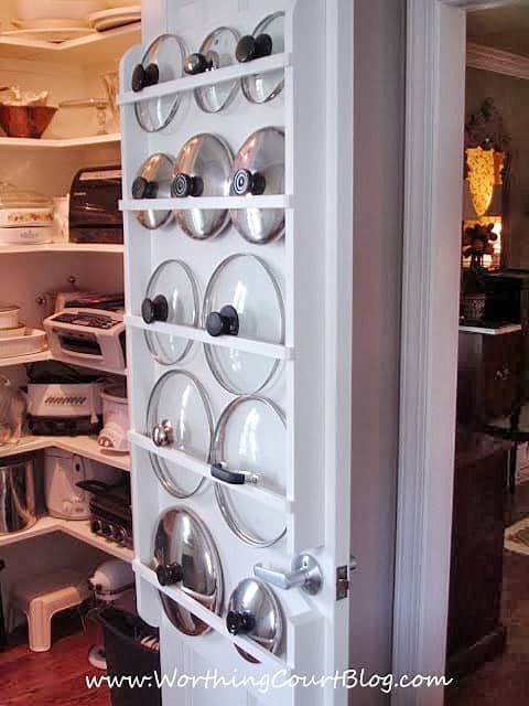 DIY lid storage in pantry for pots and pans