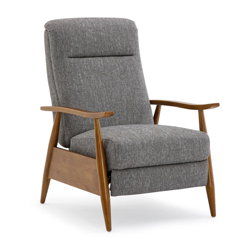modern gray tweed recliner with wood arms