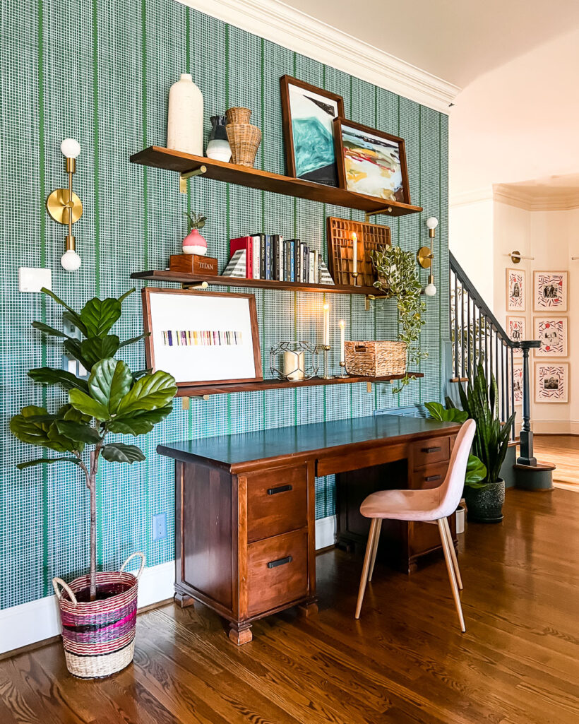 easy DIY wall shelves above desk in family room by Tasha Agruso of Kaleidoscope Living