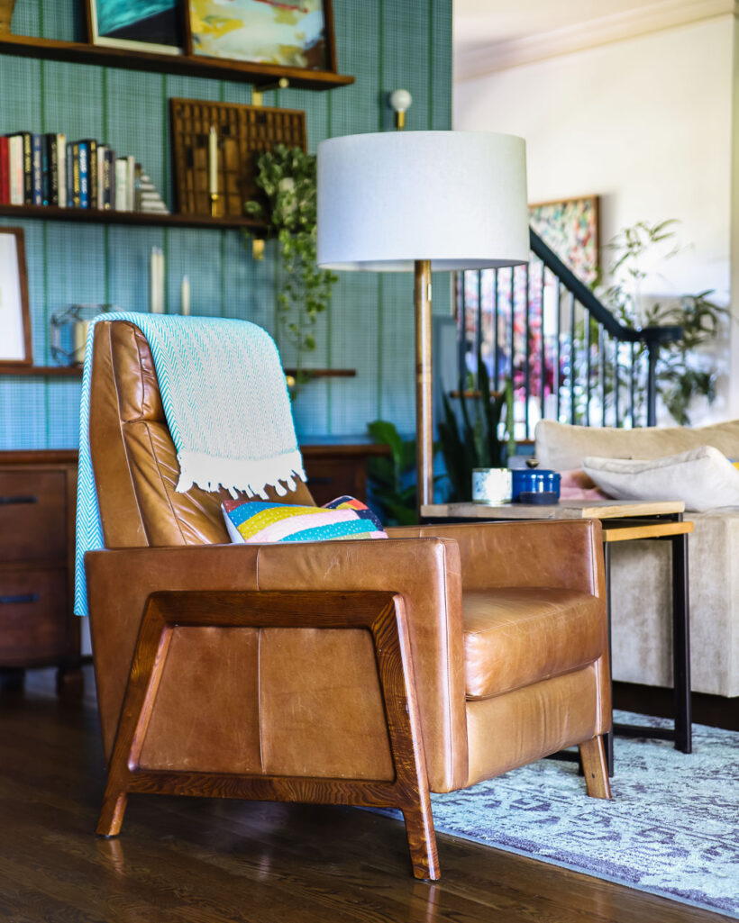 West Elm Spencer leather recliner in family room of Tasha Agruso of Kaleidoscope Living