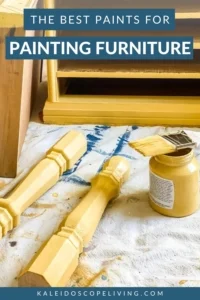 photo of bedside table being painted yellow with text overlay that reads "the best paints for painting furniture"