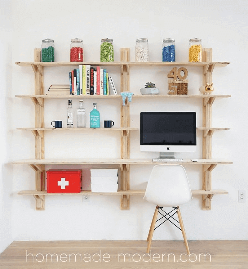 plywood shelving system with brackets