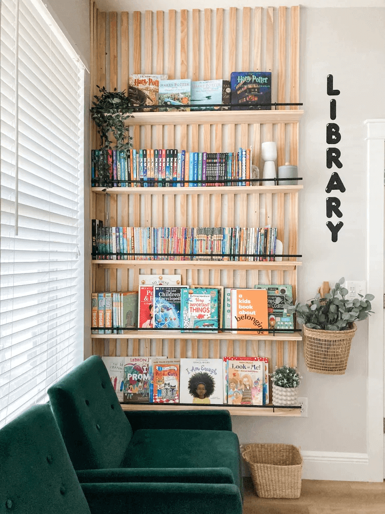 library shelving with plank wall
