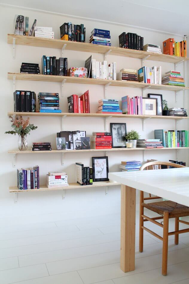 plywood shelves in dining room