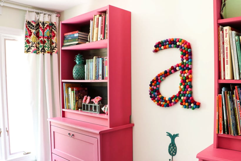 girls bedroom with painted IKEA Billy bookcases