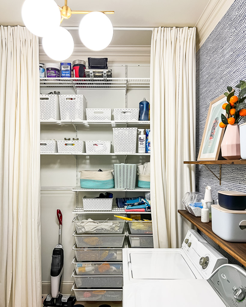 laundry room storage behind curtains