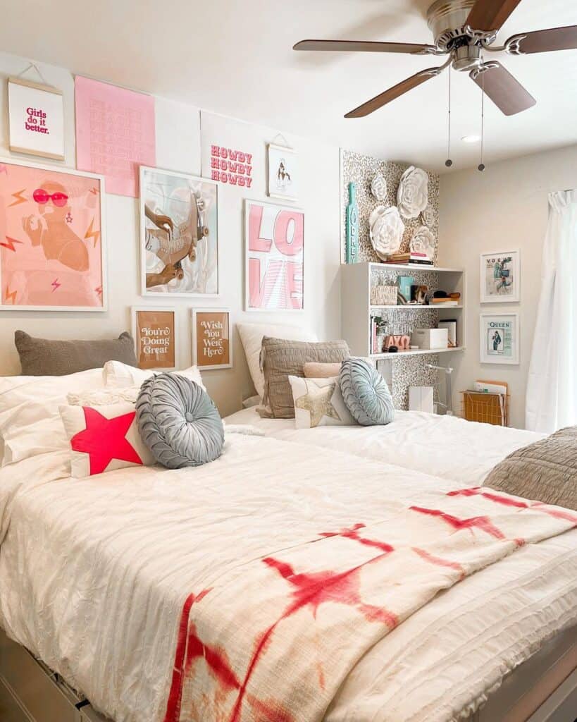 beachy dorm room design with coral, aqua, and tan.