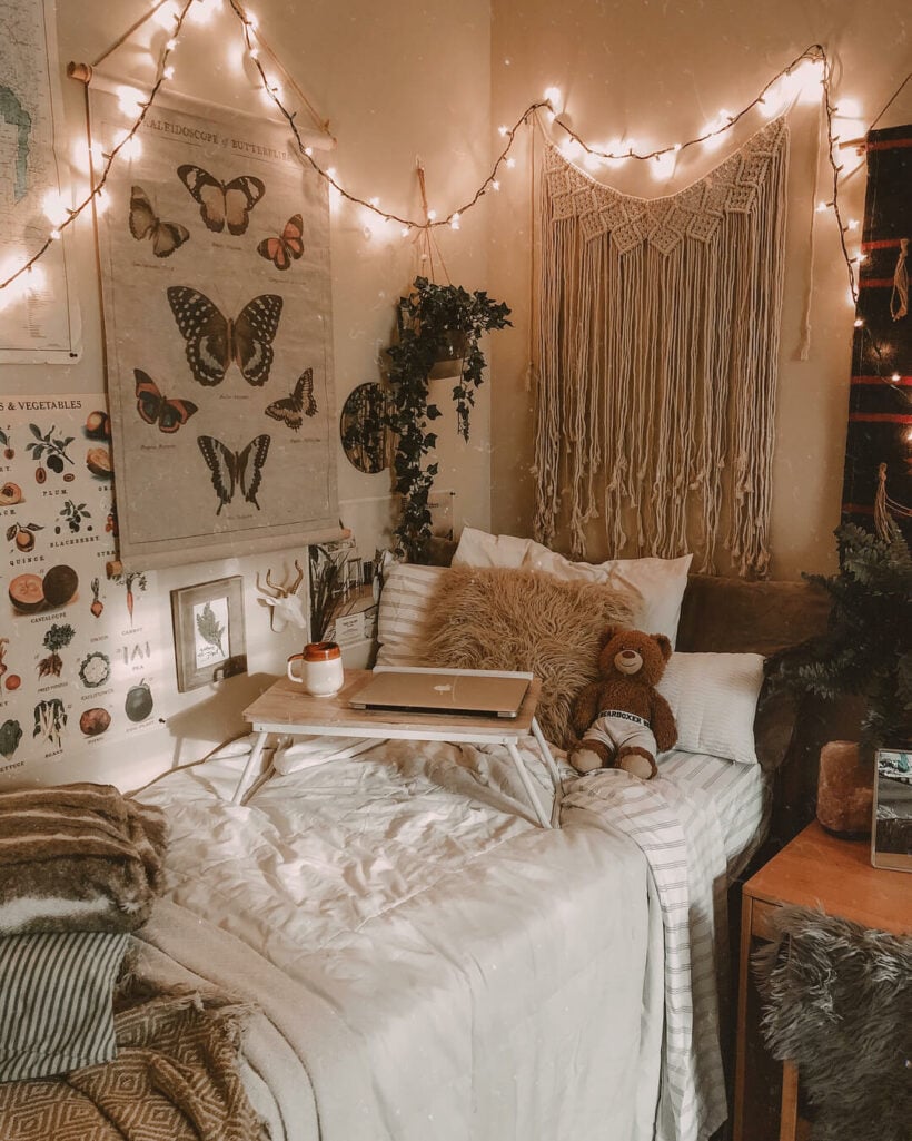 boho dorm room with macrame and plants