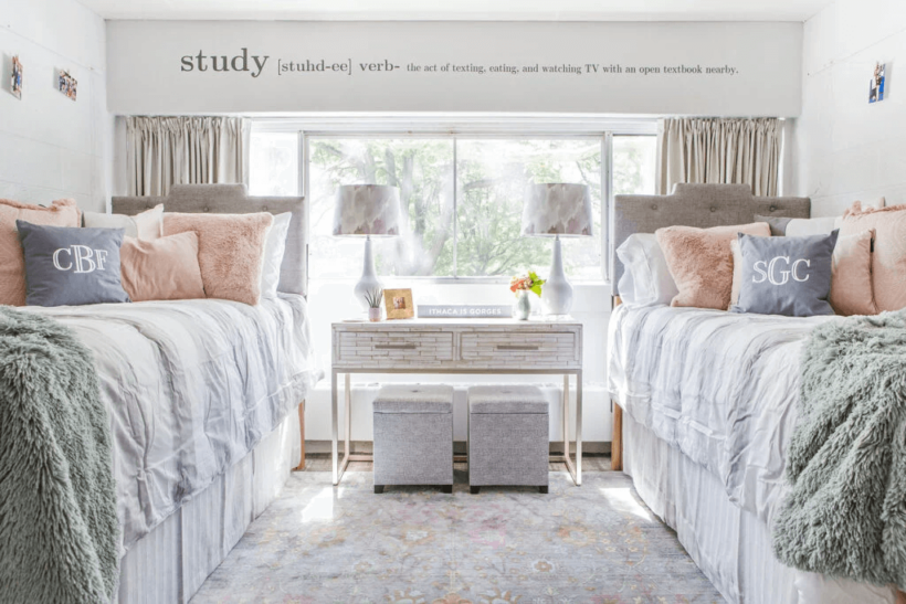 neutral, peach and green dorm room with study decal 