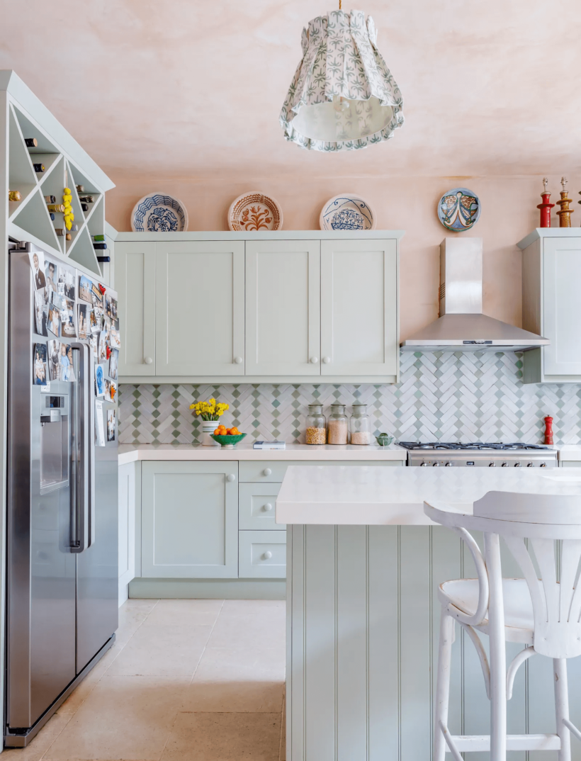 Vert de Terre by Farrow & Ball on cabinets in eclectic designer kitchen