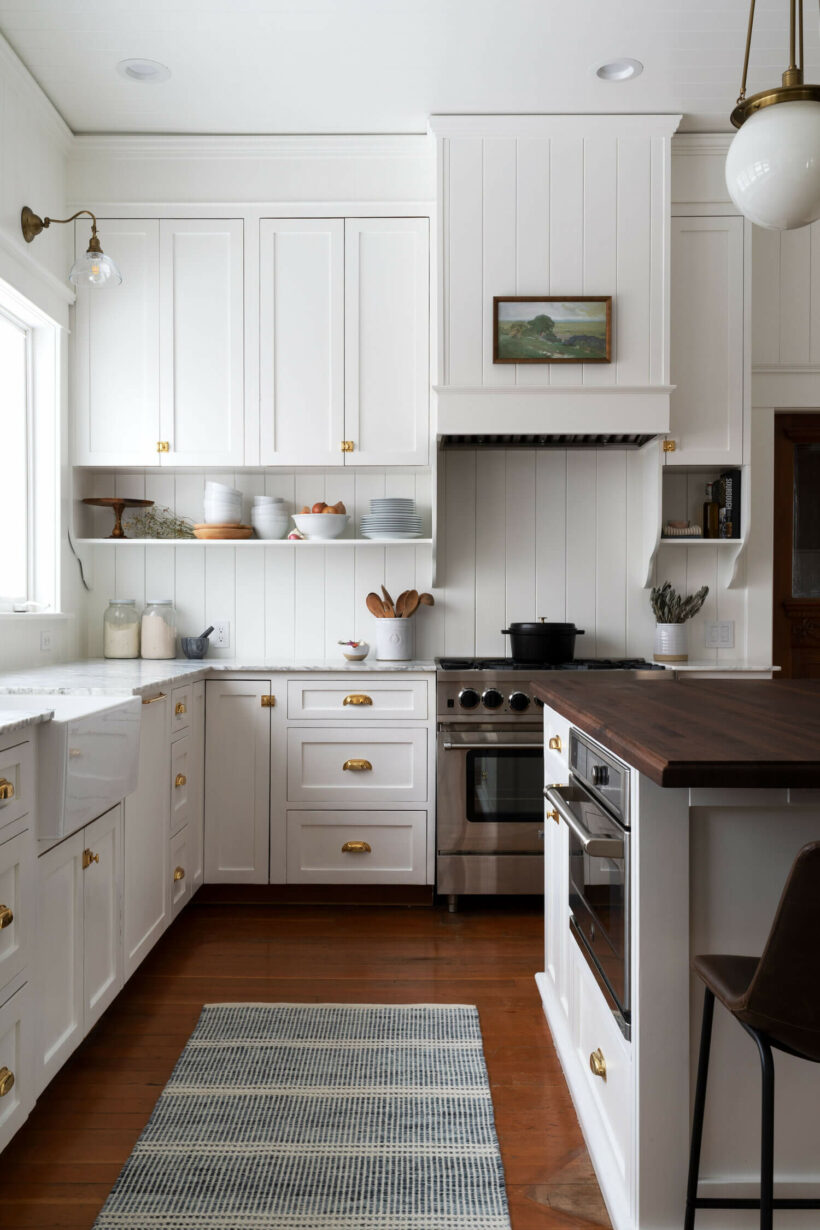 Simply White by Benjamin Moore on cabinet makeover in farmhouse kitchen
