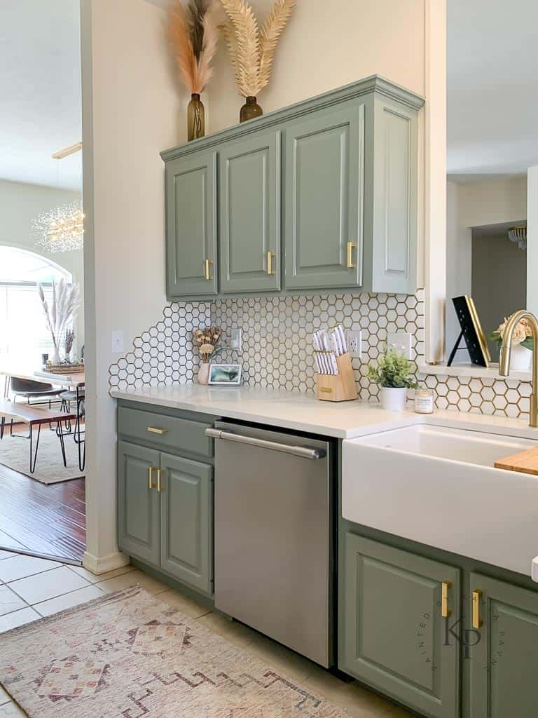 Evergreen Fog by Sherwin Williams on kitchen cabinets