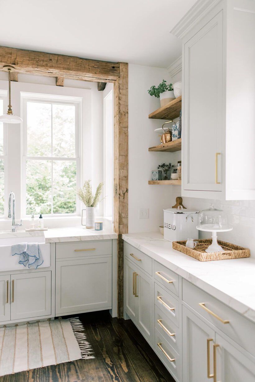 Repose Gray in bright kitchen with exposed wood beams and open shelving