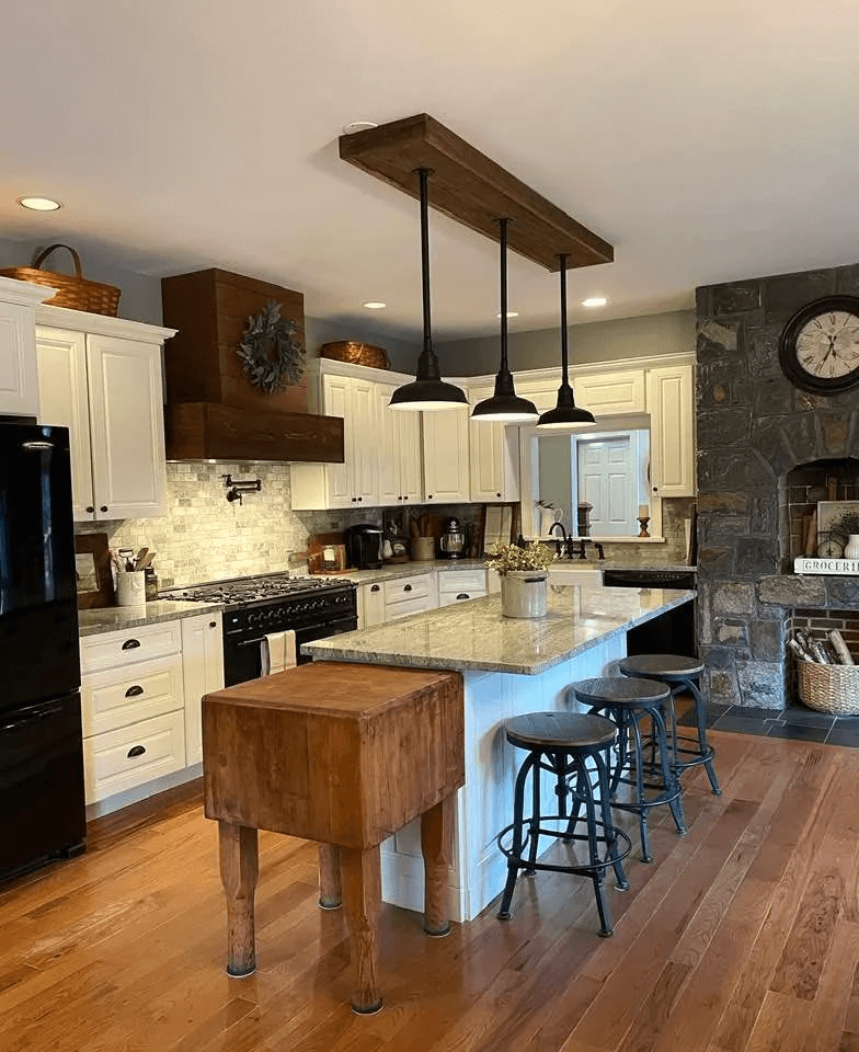 Ivory by Benjamin Moore on cabinets in rustic DIY kitchen