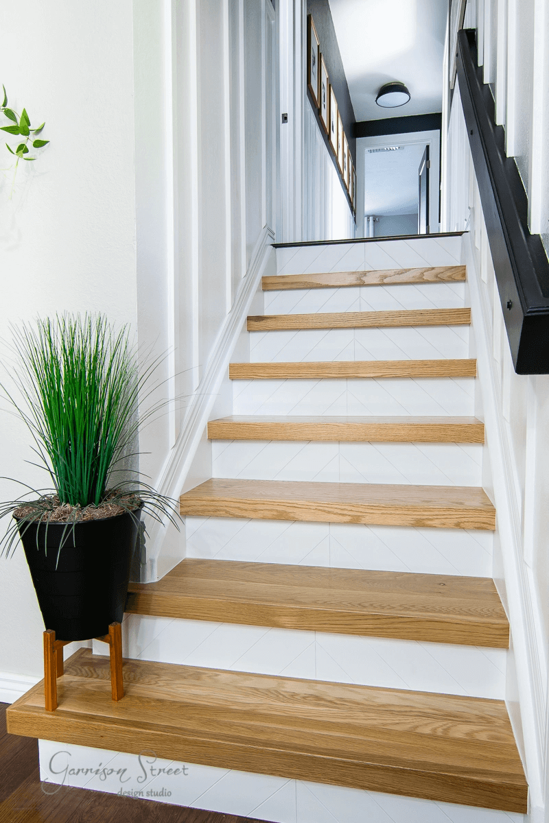 short staircase with plank wall detail, plank risers and wood treads