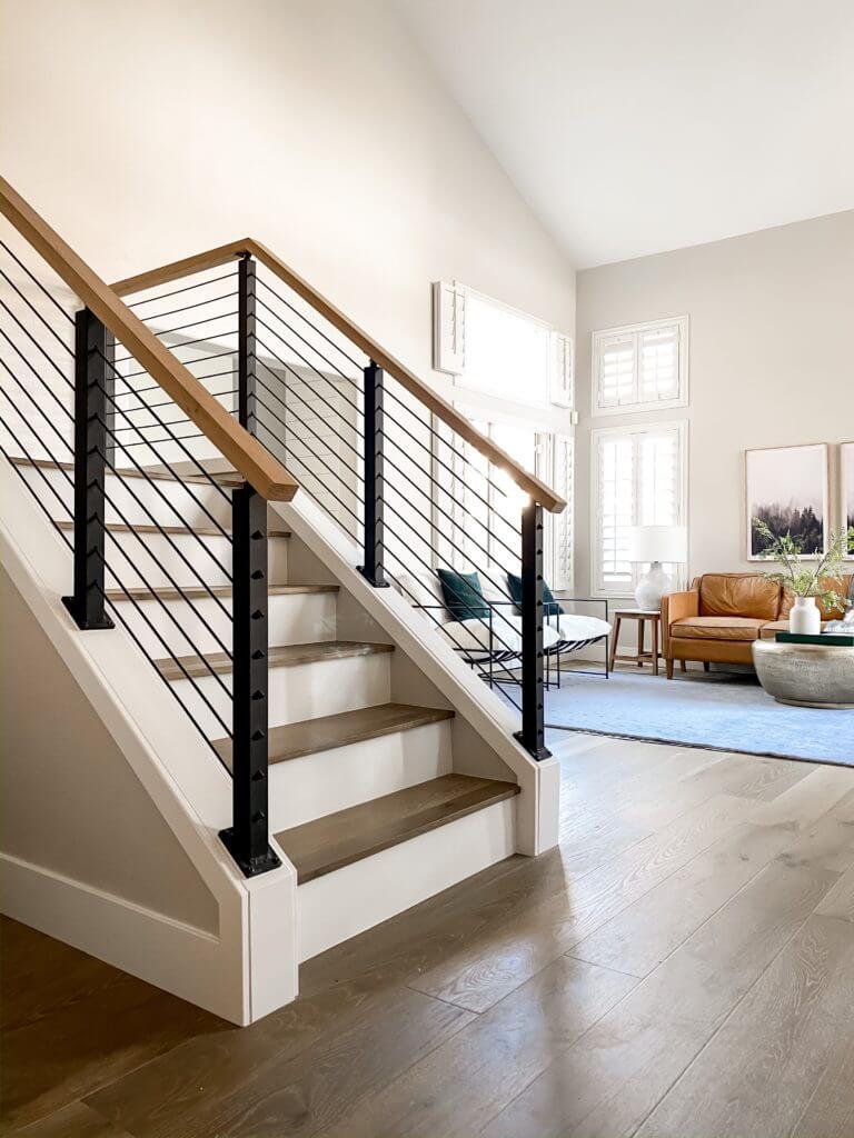 modern staircase makeover with iron rod system