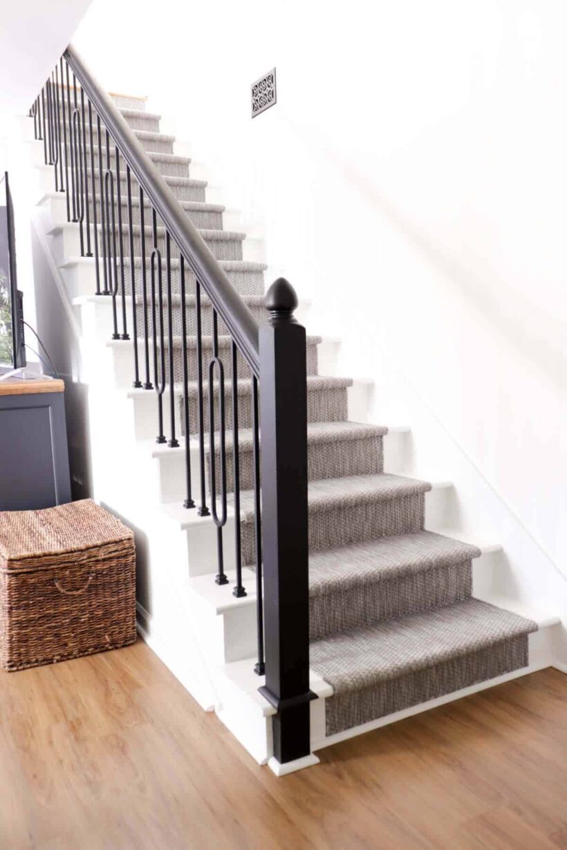 DIY staircase with makeover with modern spindles and grey runner