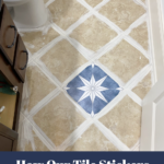 photo of bathroom floor with text that says how our tile stickers are holding up 16 months later