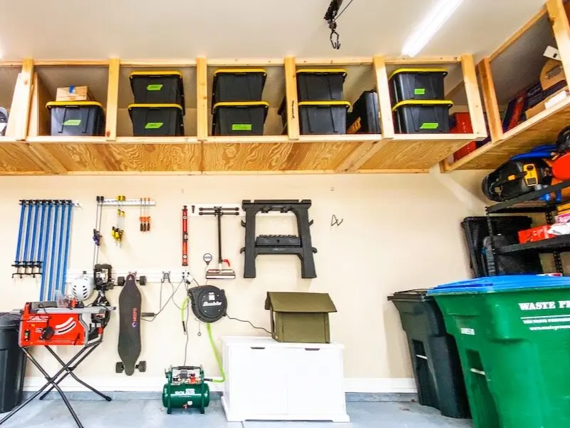 DIY overhead garage storage for large totes or bins