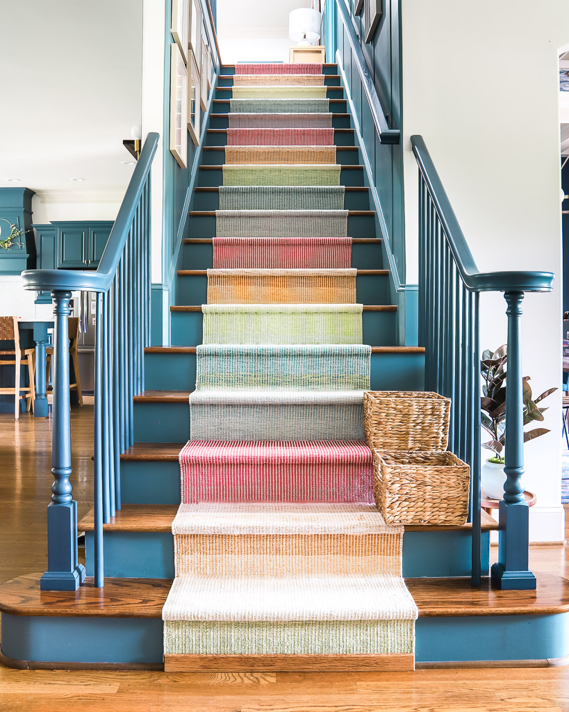 colorful staircase after DIY makeover and stair runner installation