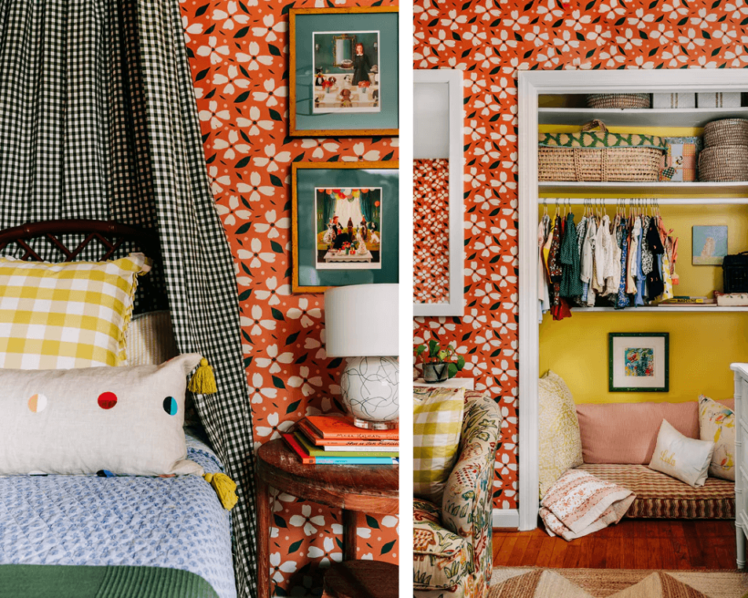 bold graphic orange-red floral wallpaper with bright decor and gingham canopy