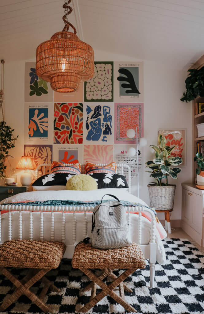 boho teen bedroom with art poster gallery wall and checkerboard rug
