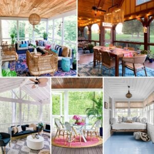A collage of different screened in porch ideas, including a table under strung up lights, a day bed in a white narrow porch, fancy chairs around a small round table, and bright and airy resting areas.