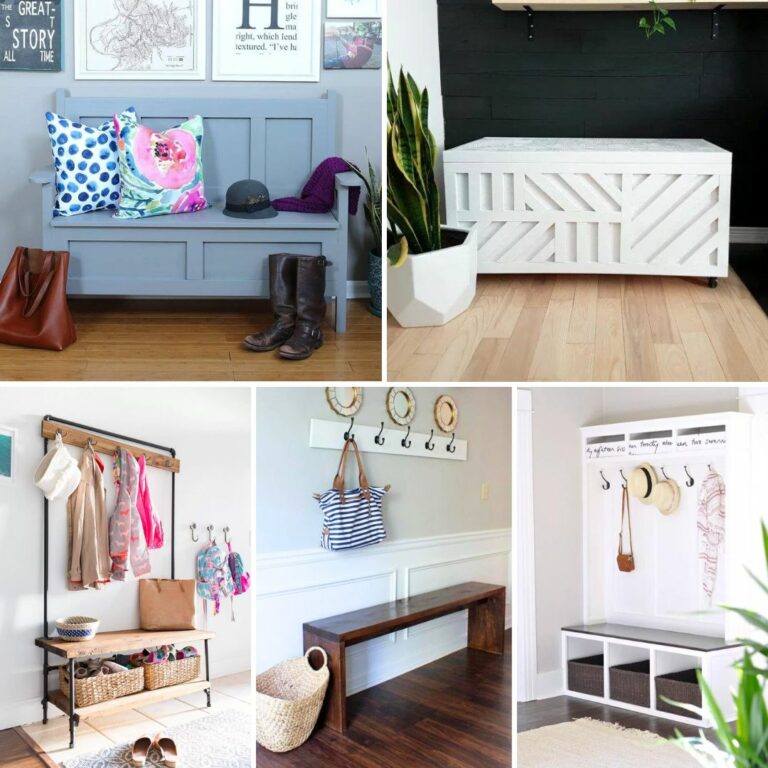 collage image of DIY entryway benches with storage