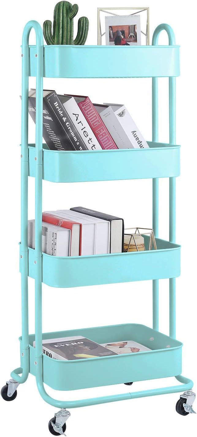turquoise metal four tier rolling cart